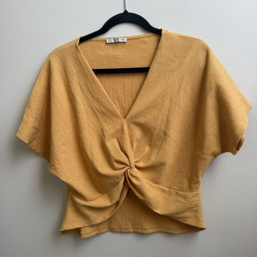 Zara Yellow Twist Front V-Neck Short Sleeve Cotton Crop Blouse Women’s S